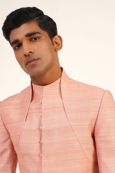 Dhruv Vaish_Pink Silk Plain Full Sleeve Sherwani _Online_at_Aza_Fashions