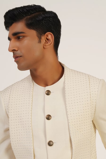Dhruv Vaish_Ivory Silk Beads, Embroidery Sherwani Set _Online_at_Aza_Fashions