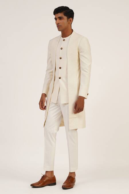 Buy_Dhruv Vaish_Ivory Silk Beads, Embroidery Sherwani Set _Online_at_Aza_Fashions