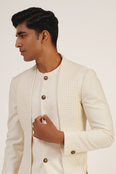 Shop_Dhruv Vaish_Ivory Silk Beads, Embroidery Sherwani Set _Online_at_Aza_Fashions