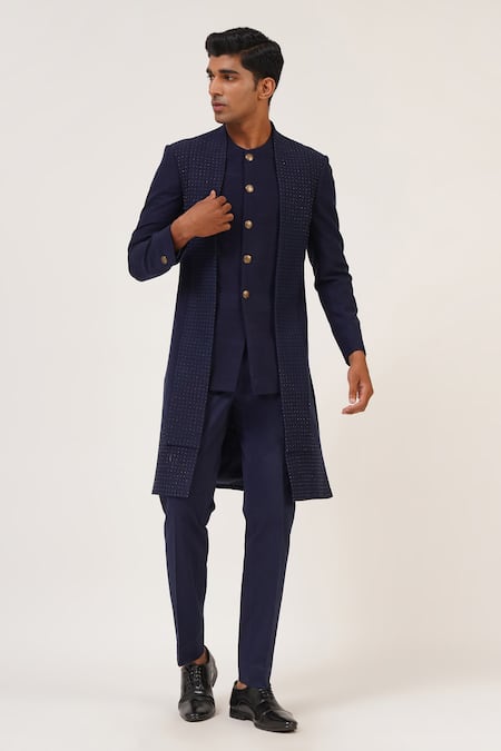 Dhruv Vaish_Blue Silk Embroidery Sherwani Set _Online_at_Aza_Fashions