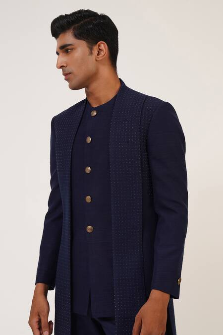 Buy_Dhruv Vaish_Blue Silk Embroidery Sherwani Set _Online_at_Aza_Fashions