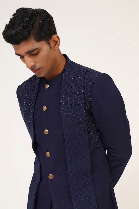 Shop_Dhruv Vaish_Blue Silk Embroidery Sherwani Set _Online_at_Aza_Fashions