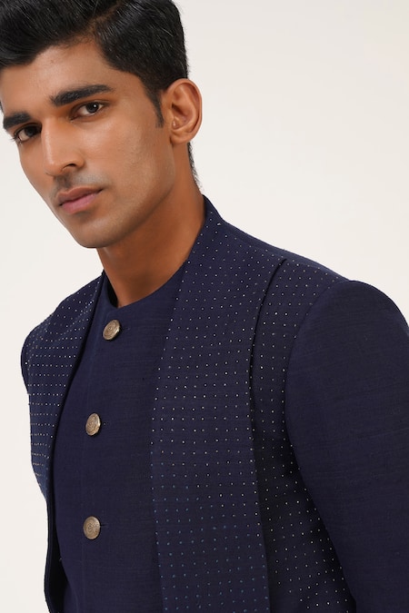 Dhruv Vaish_Blue Silk Embroidery Sherwani Set _at_Aza_Fashions