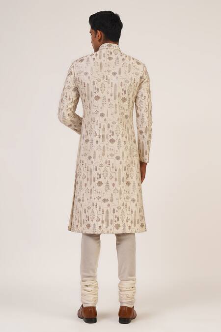 Shop_Dhruv Vaish_Silver Silk Zari Thread Work Sherwani Set_at_Aza_Fashions