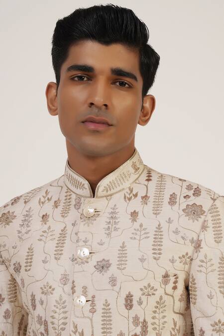 Dhruv Vaish_Silver Silk Zari Thread Work Sherwani Set_Online_at_Aza_Fashions