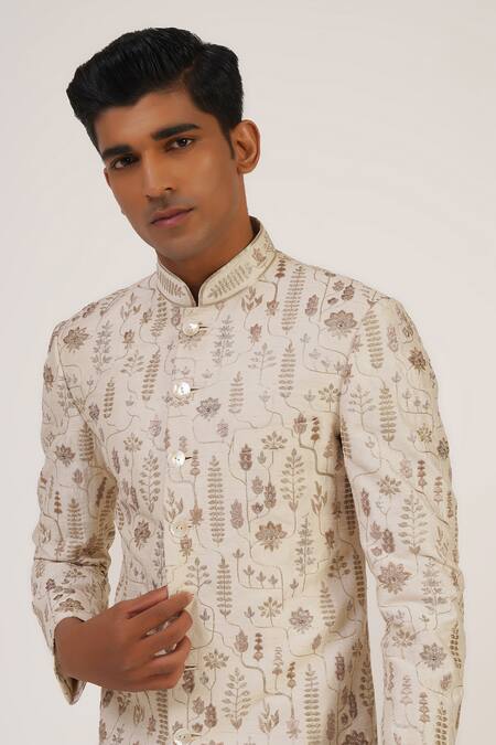 Buy_Dhruv Vaish_Silver Silk Zari Thread Work Sherwani Set_Online_at_Aza_Fashions