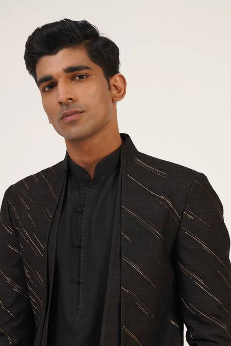 Dhruv Vaish_Black Silk Zari Work Sherwani Set _Online_at_Aza_Fashions