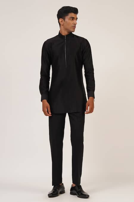 Buy_Dhruv Vaish_Black Silk Zari Work Sherwani Set _Online_at_Aza_Fashions