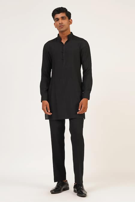 Shop_Dhruv Vaish_Black Silk Zari Work Sherwani Set _Online_at_Aza_Fashions