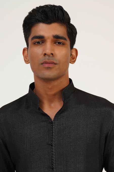Dhruv Vaish_Black Silk Zari Work Sherwani Set _at_Aza_Fashions