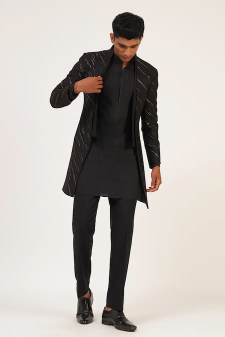 Buy_Dhruv Vaish_Black Silk Zari Work Sherwani Set 