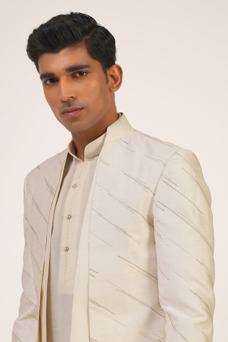Shop_Dhruv Vaish_Ivory Silk Zari Embroidered Sherwani Set _Online_at_Aza_Fashions