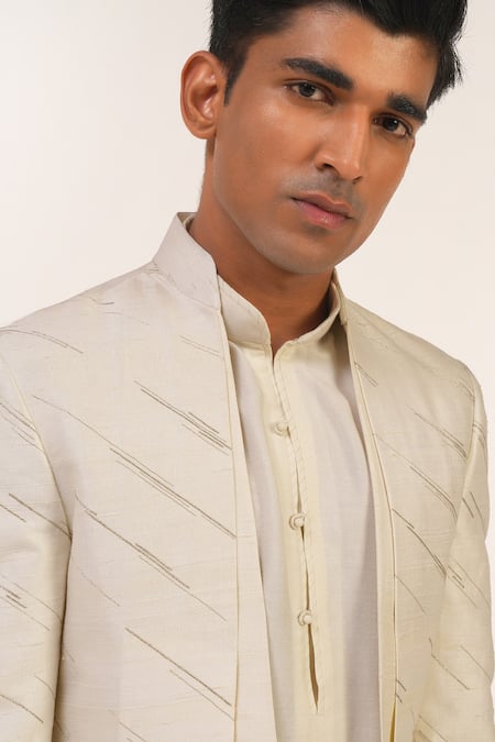 Dhruv Vaish_Ivory Silk Zari Embroidered Sherwani Set _at_Aza_Fashions
