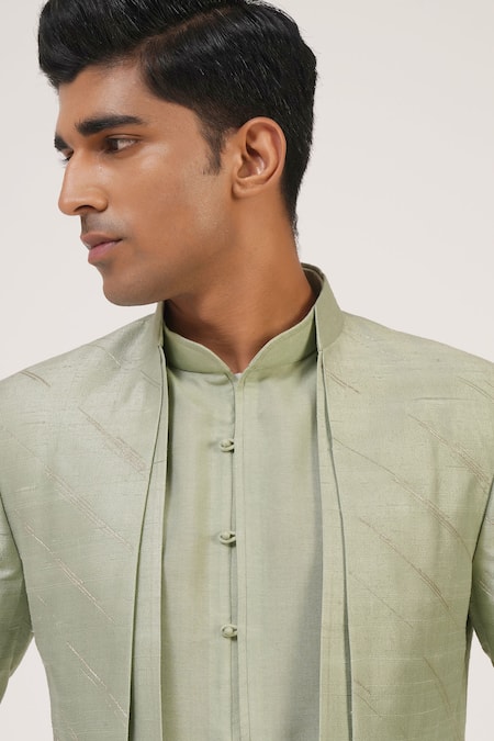 Dhruv Vaish_Green Silk Zari Stripe Embroidered Sherwani Set _Online_at_Aza_Fashions