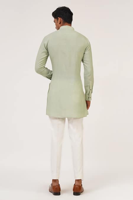 Dhruv Vaish_Green Silk Zari Stripe Embroidered Sherwani Set _at_Aza_Fashions