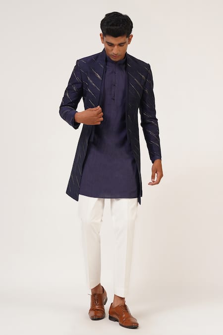 Shop_Dhruv Vaish_Blue Silk Zari Stripe Pattern Sherwani Set _Online_at_Aza_Fashions