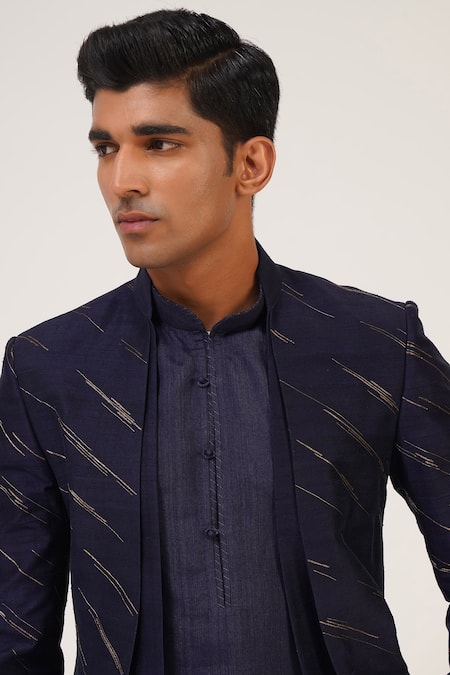Dhruv Vaish_Blue Silk Zari Stripe Pattern Sherwani Set _at_Aza_Fashions