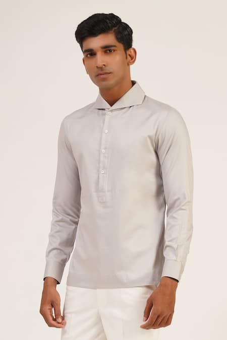 Buy_Dhruv Vaish_Silver Cotton Satin Shirt _Online_at_Aza_Fashions