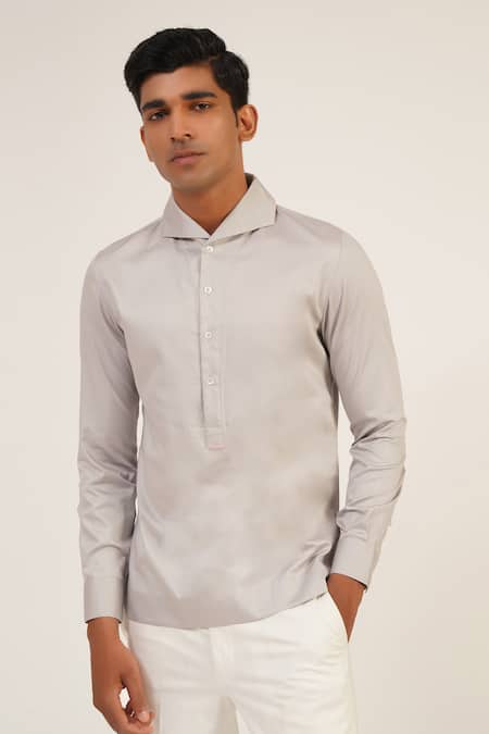 Shop_Dhruv Vaish_Silver Cotton Satin Shirt _Online_at_Aza_Fashions