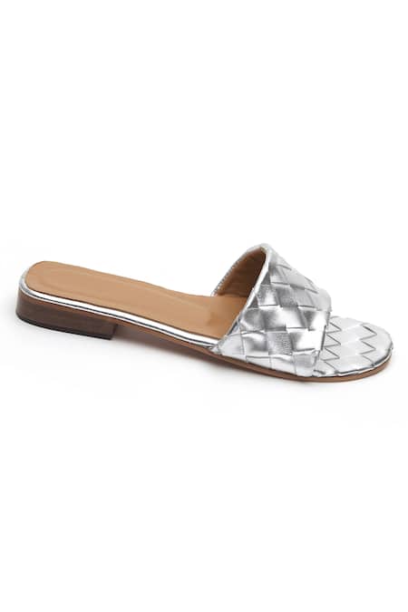 Buy_Tissr_Silver Basket Weave Leather Sliders_Online_at_Aza_Fashions