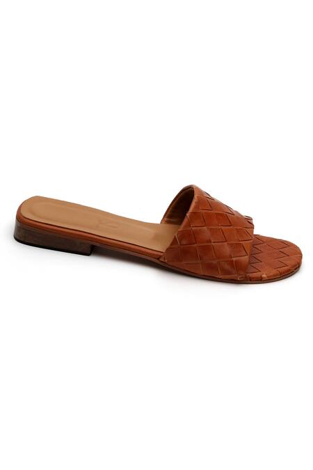 Buy_Tissr_Brown Basket Weave Woven Leather Sliders_Online_at_Aza_Fashions