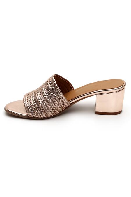 Tissr_Gold Basket Weave Leather Block Heels_Online_at_Aza_Fashions