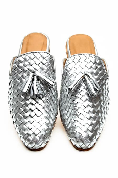 Shop Tissr Silver Basket Weave Woven Leather Loafer Mules at Aza Fashions Shop_Tissr_Silver Basket Weave Woven Leather Loafer Mules_at_Aza_Fashions