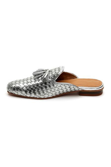 Tissr Silver Basket Weave Woven Leather Loafer Mules Online at Aza Fashions Tissr_Silver Basket Weave Woven Leather Loafer Mules_Online_at_Aza_Fashions