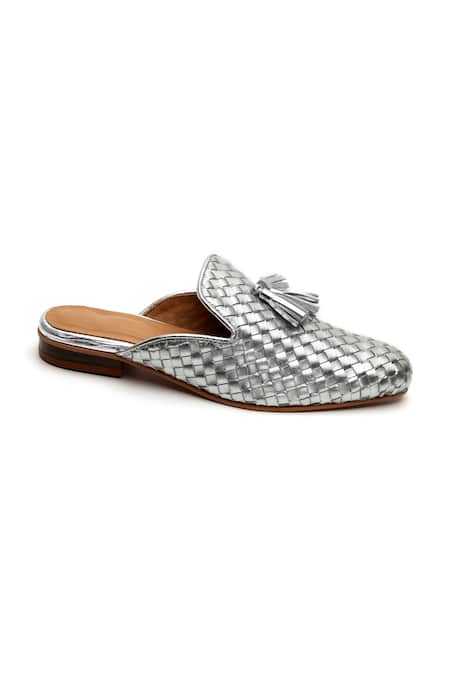 Buy Tissr Silver Basket Weave Woven Leather Loafer Mules Online at Aza Fashions Buy_Tissr_Silver Basket Weave Woven Leather Loafer Mules_Online_at_Aza_Fashions