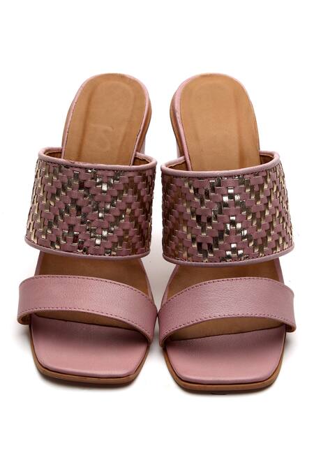 Shop Tissr Pink Basket Weave Woven Leather Block Heels at Aza Fashions Shop_Tissr_Pink Basket Weave Woven Leather Block Heels_at_Aza_Fashions