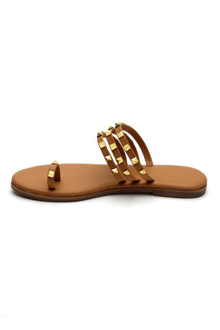 Tissr_Brown Embellished Elanor Studded Triple Strap Sandals_Online_at_Aza_Fashions