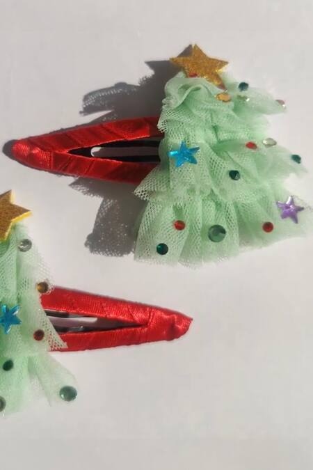 Buy_Choko_Green Christmas Tree Hair Clips - 2 Pcs_Online_at_Aza_Fashions