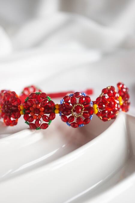 Choko Red Crystal Glass Bead Dahlia Blossom Hair Band Online at Aza Fashions Choko_Red Crystal Glass Bead Dahlia Blossom Hair Band _Online_at_Aza_Fashions