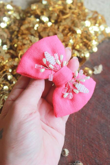 Shop_Choko_Pink Beads Bow Ornamented Hair Tie_Online_at_Aza_Fashions