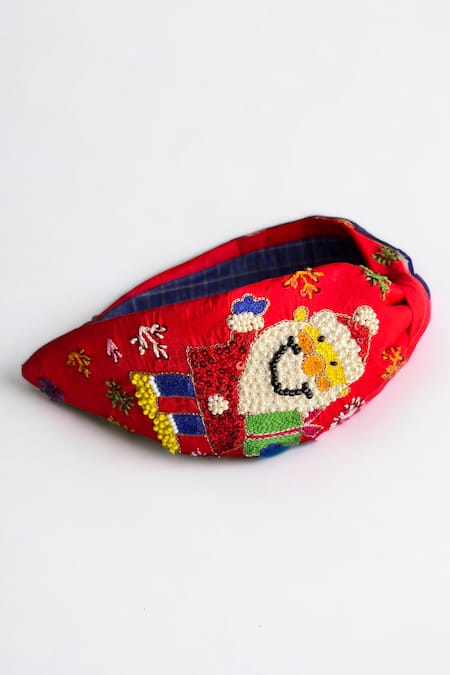 Shop_Choko_Red Beads, Embroidery Santas Xmas Turban Thread Embellished Hair Band _at_Aza_Fashions