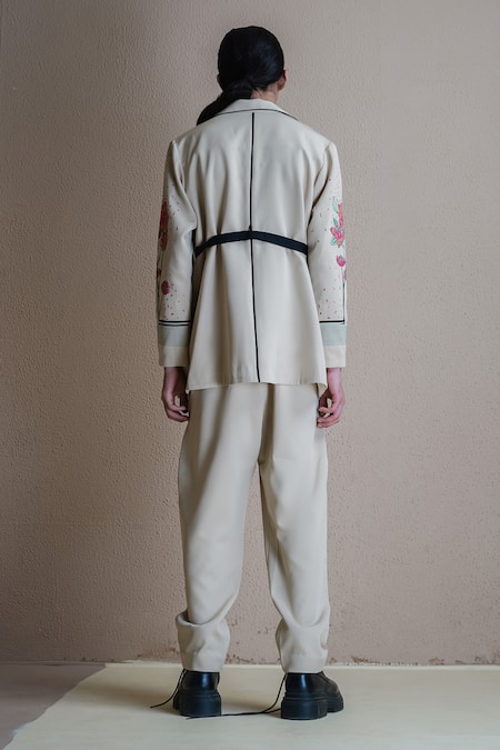 Shop Anurag Gupta Beige Crepe Collared Floral Print Sleeve Coat And Pant Set at Aza Fashions Shop_Anurag Gupta_Beige Crepe Collared Floral Print Sleeve Coat And Pant Set _at_Aza_Fashions