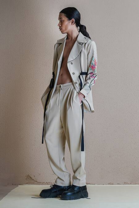 Anurag Gupta Beige Crepe Collared Floral Print Sleeve Coat And Pant Set Online at Aza Fashions Anurag Gupta_Beige Crepe Collared Floral Print Sleeve Coat And Pant Set _Online_at_Aza_Fashions