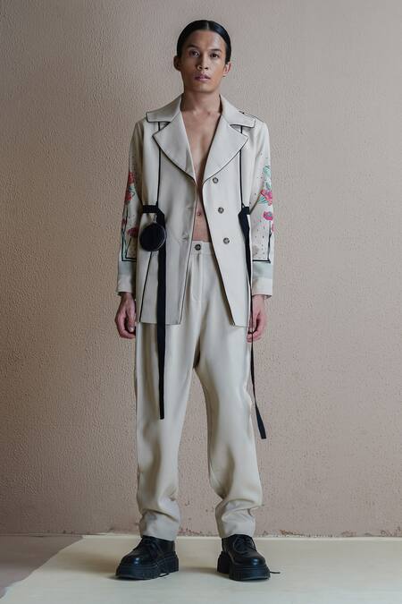 Buy Anurag Gupta Beige Crepe Collared Floral Print Sleeve Coat And Pant Set Online at Aza Fashions Buy_Anurag Gupta_Beige Crepe Collared Floral Print Sleeve Coat And Pant Set _Online_at_Aza_Fashions