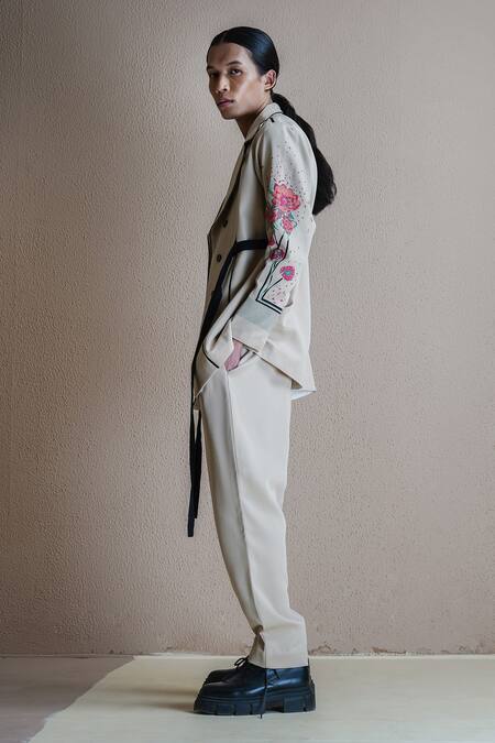 Shop Anurag Gupta Beige Crepe Collared Floral Print Sleeve Coat And Pant Set Online at Aza Fashions Shop_Anurag Gupta_Beige Crepe Collared Floral Print Sleeve Coat And Pant Set _Online_at_Aza_Fashions