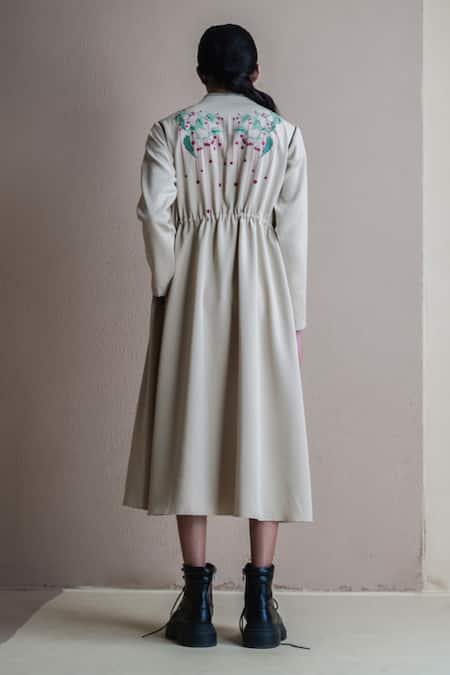 Shop Anurag Gupta Beige Crepe Embroidery High Neck Longline Floral Midi Dress at Aza Fashions Shop_Anurag Gupta_Beige Crepe Embroidery High Neck Longline Floral Midi Dress _at_Aza_Fashions