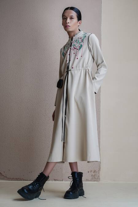 Anurag Gupta Beige Crepe Embroidery High Neck Longline Floral Midi Dress Online at Aza Fashions Anurag Gupta_Beige Crepe Embroidery High Neck Longline Floral Midi Dress _Online_at_Aza_Fashions