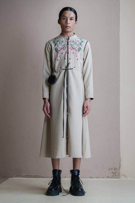 Buy Anurag Gupta Beige Crepe Embroidery High Neck Longline Floral Midi Dress Online at Aza Fashions Buy_Anurag Gupta_Beige Crepe Embroidery High Neck Longline Floral Midi Dress _Online_at_Aza_Fashions