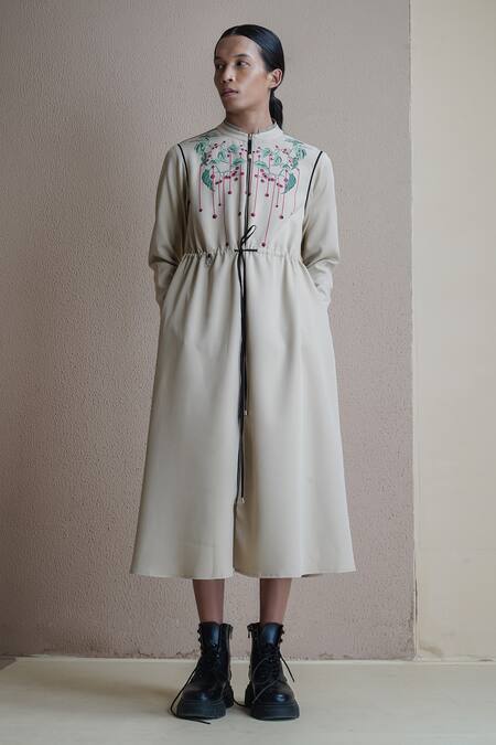 Shop Anurag Gupta Beige Crepe Embroidery High Neck Longline Floral Midi Dress Online at Aza Fashions Shop_Anurag Gupta_Beige Crepe Embroidery High Neck Longline Floral Midi Dress _Online_at_Aza_Fashions