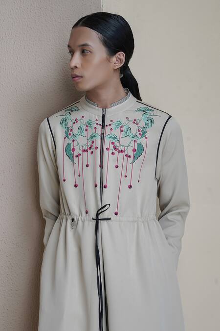 Anurag Gupta Beige Crepe Embroidery High Neck Longline Floral Midi Dress at Aza Fashions Anurag Gupta_Beige Crepe Embroidery High Neck Longline Floral Midi Dress _at_Aza_Fashions