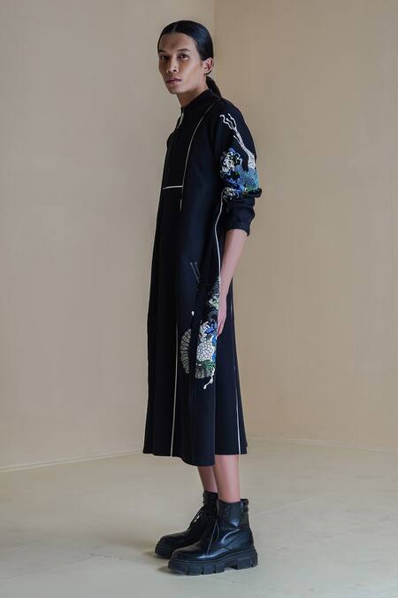 Anurag Gupta Black Crepe Embroidery High Neck Germ Print Midi Dress Online at Aza Fashions Anurag Gupta_Black Crepe Embroidery High Neck Germ Print Midi Dress _Online_at_Aza_Fashions