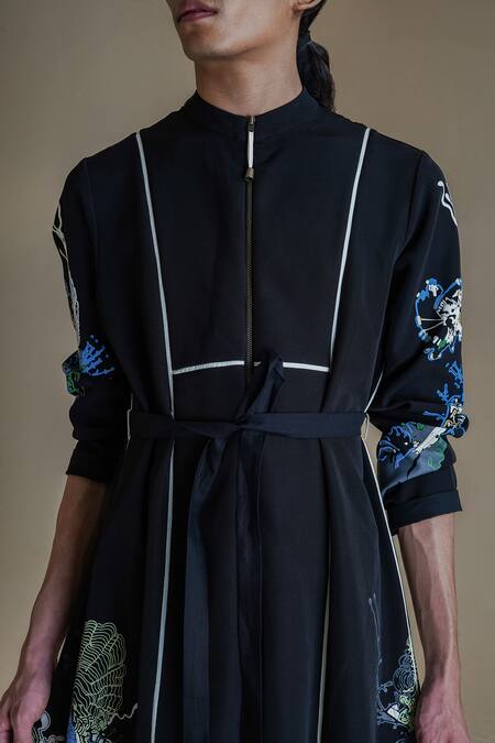 Anurag Gupta Black Crepe Embroidery High Neck Germ Print Midi Dress at Aza Fashions Anurag Gupta_Black Crepe Embroidery High Neck Germ Print Midi Dress _at_Aza_Fashions