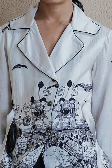 Anurag Gupta White Denim Collared Printed Coat And Pant Set Online at Aza Fashions Anurag Gupta_White Denim Collared Printed Coat And Pant Set _Online_at_Aza_Fashions