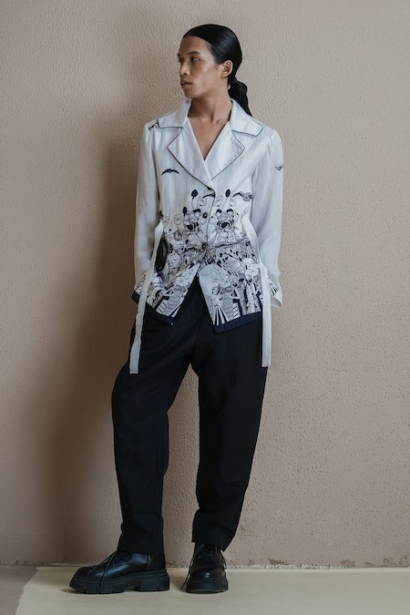 Buy Anurag Gupta White Denim Collared Printed Coat And Pant Set Online at Aza Fashions Buy_Anurag Gupta_White Denim Collared Printed Coat And Pant Set _Online_at_Aza_Fashions