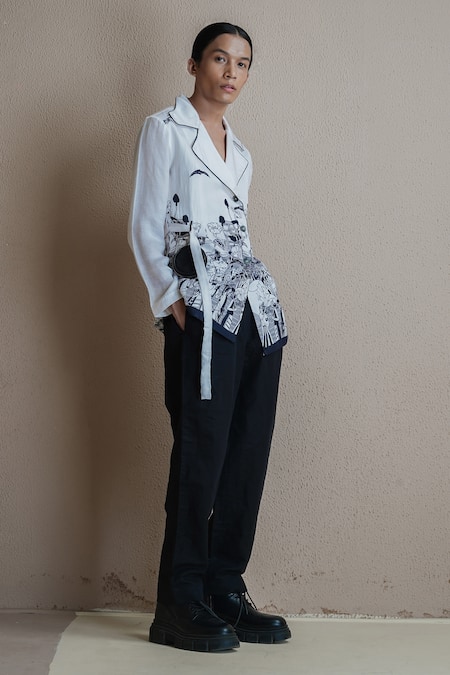 Shop Anurag Gupta White Denim Collared Printed Coat And Pant Set Online at Aza Fashions Shop_Anurag Gupta_White Denim Collared Printed Coat And Pant Set _Online_at_Aza_Fashions